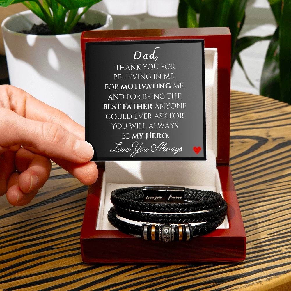 Dad is My Hero Gift ~ Engraved Vegan Leather Bracelet ~ Custom Designed Card